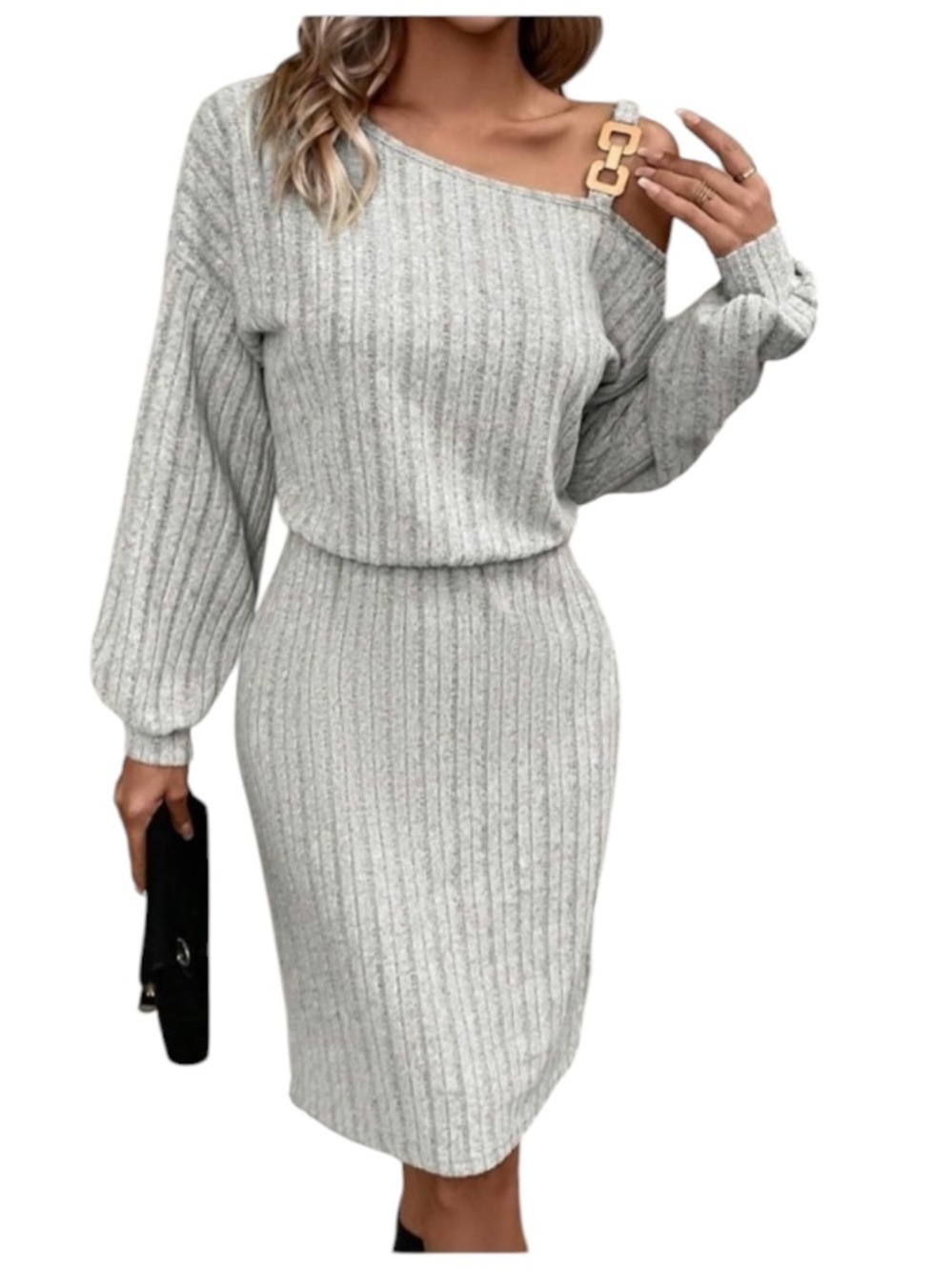 SHEIN LUNE Metallic Button Asymmetric Neckline Lantern Sleeve Ribbed Kni… - Picture 3 of 16